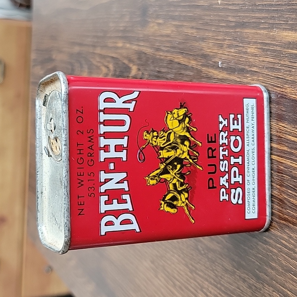 VTG Spice Tin Ben-Hur Pure PASTRY SPICE Metal Tin Patina Rust Aged